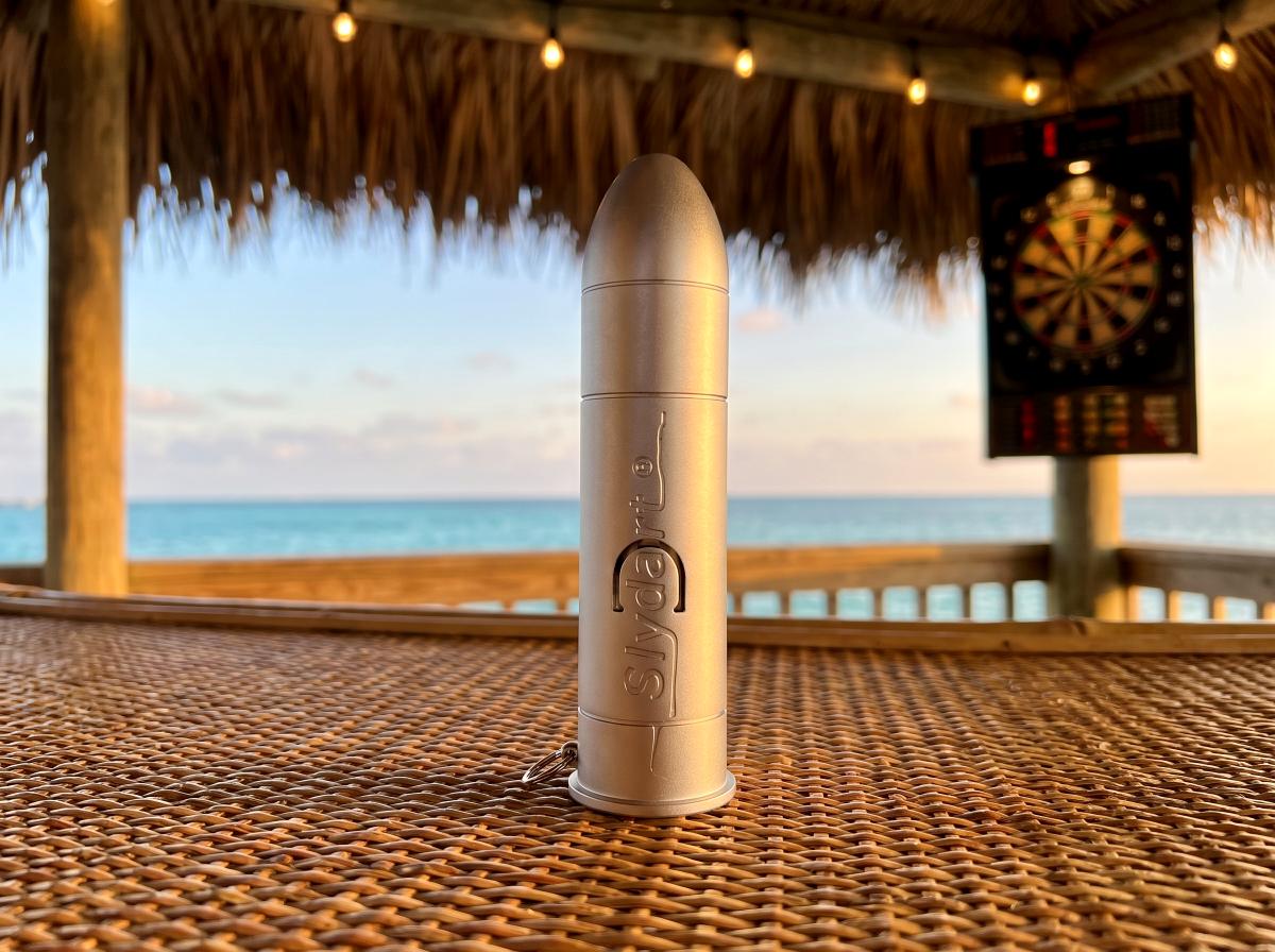 Slydart Silver Bullet motorized dart sharpener on a tropical veranda with a dartboard and ocean behind
